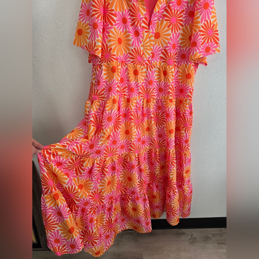 SSYS the label The Short Sleeve Emery Midi Dress in Pink Orange Daisy XL - Picture 7 of 11